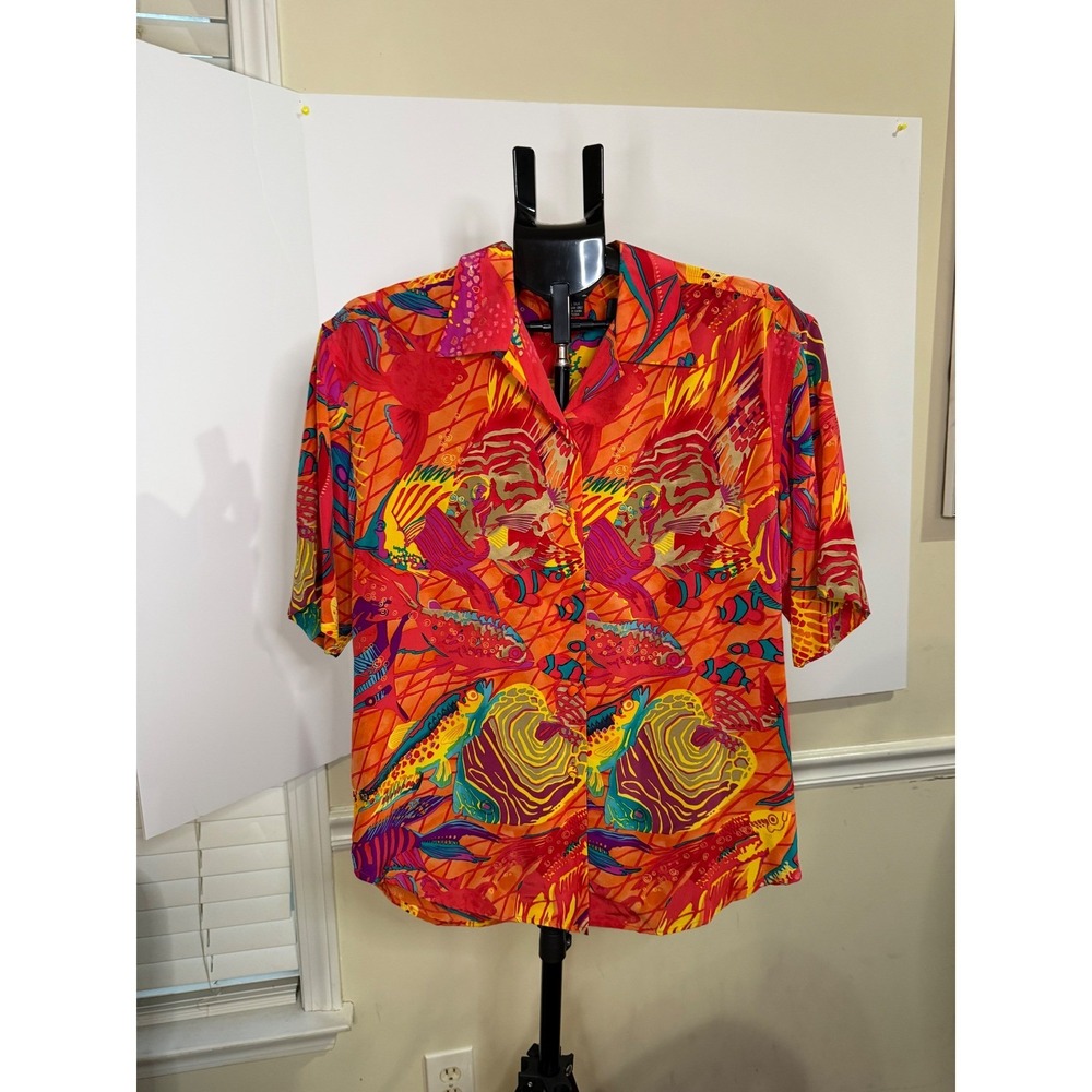 Ann May Vintage 100% Silk Tropical Fish Print Short Sleeve Button Down Shirt XL